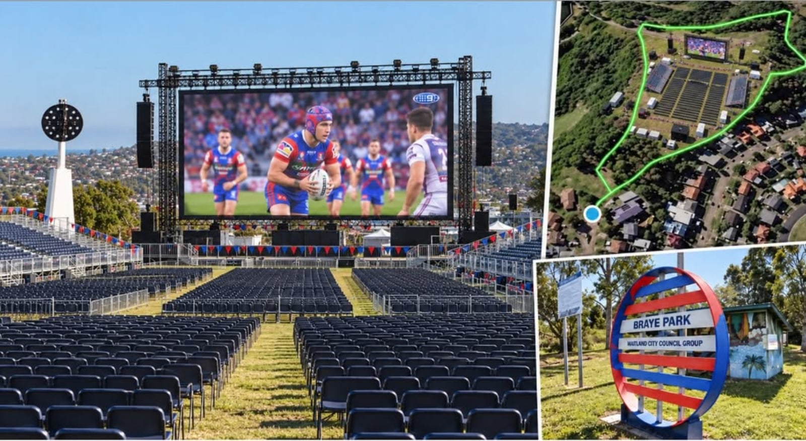 A large outdoor screen showing a rugby league match above rows of empty chairs in a park, with inset photos of an aerial site map and a park sign.