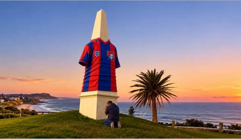 The Obelisk in Newcastle dressed in a Knights jersey at sunset, with a person kneeling at its base.