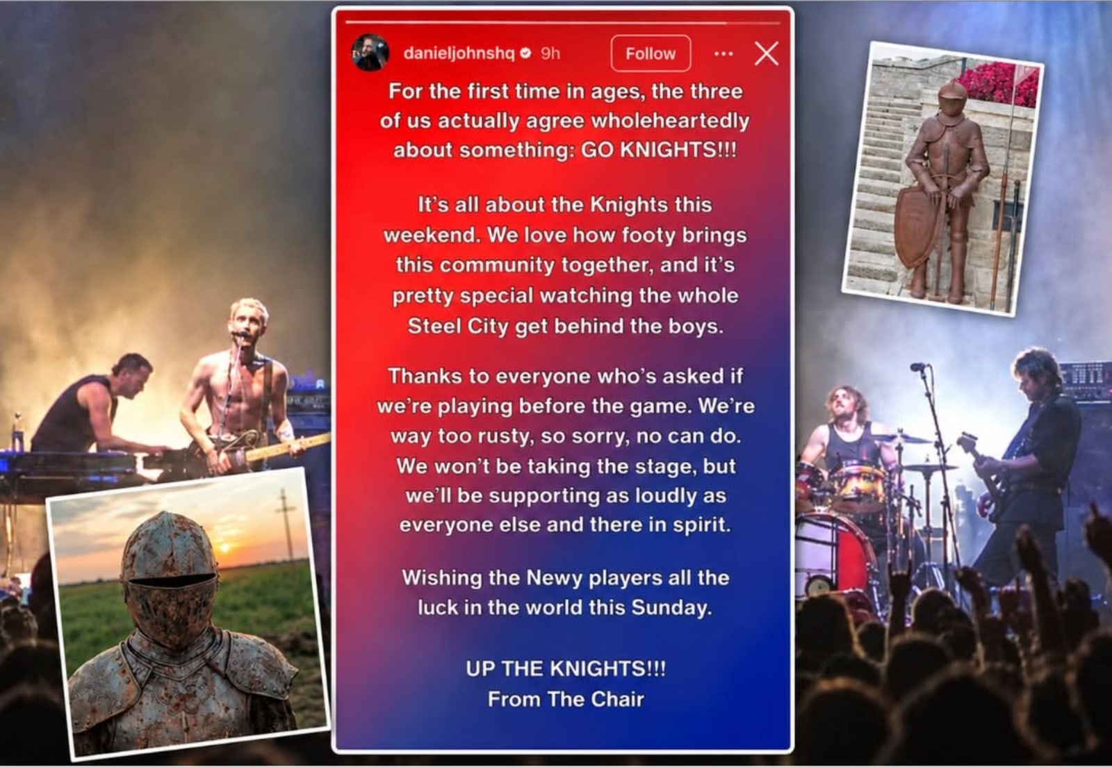 A red and blue social media story message addressed to Newcastle fans, in the middle of a collage of a band on stage, a statue of a knight and a suit of armour.