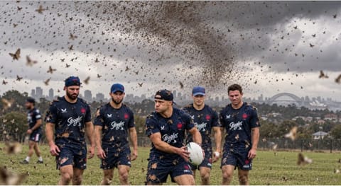 Rugby league players training on a field beneath a swirling cloud of moths.