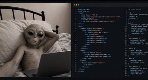 A grey alien lying on a bed with a laptop beside a screen of website code.