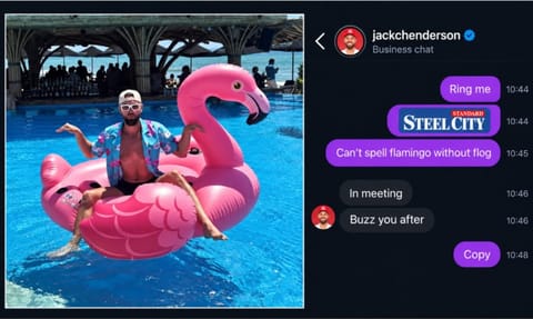 A man in a floral shirt and sunglasses sitting on a pink flamingo pool float, beside a phone chat screen showing short messages.