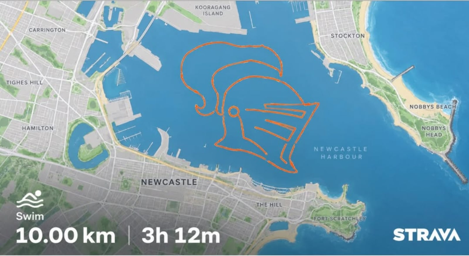 A Strava map of Newcastle harbour with an orange route traced in the shape of a knight's helmet, showing a 10.00 km swim in 3h 12m.