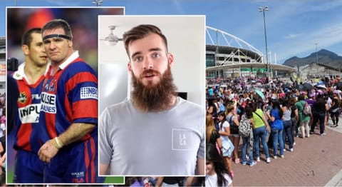 A bearded man in a grey t-shirt, set between a 1997 Knights player and a long queue outside a stadium.