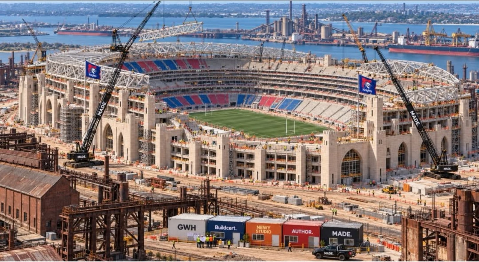 An aerial view of a large stadium under construction beside a harbour, with cranes, scaffolding and an old industrial site in the foreground.