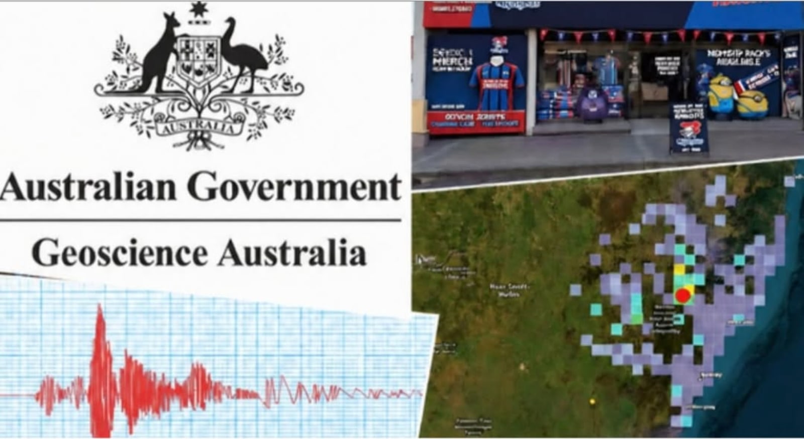 A seismograph reading and a rain radar map beside a photo of a Knights merchandise store.