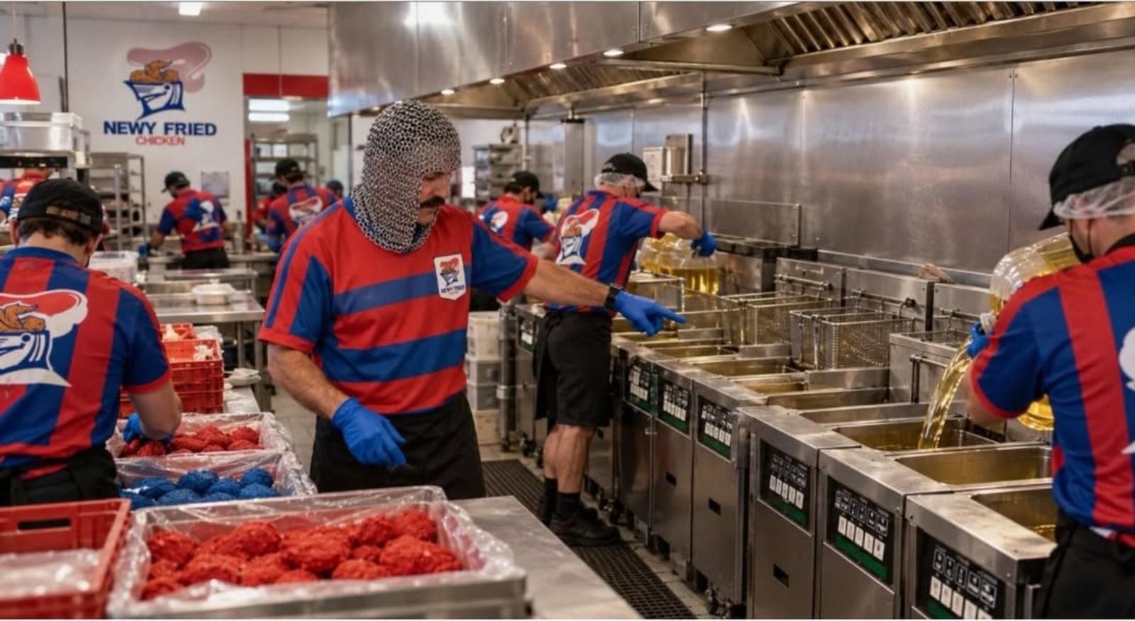 Staff in red and blue striped shirts working at deep fryers in a commercial fast-food kitchen, one wearing a chainmail hood.
