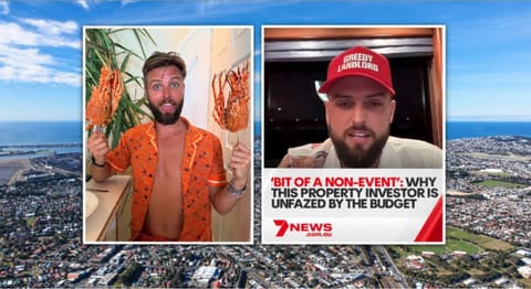 Two photos of a property investor laid over an aerial view of Newcastle.