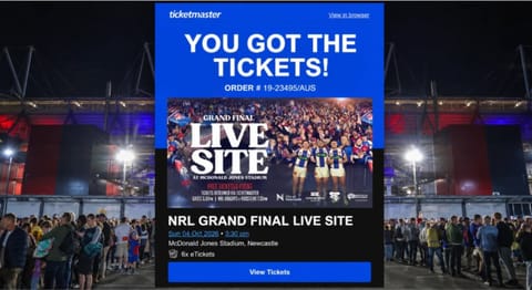 A Ticketmaster email reading "You got the tickets!" for the NRL Grand Final Live Site, laid over a photo of a crowd outside a floodlit stadium at night.