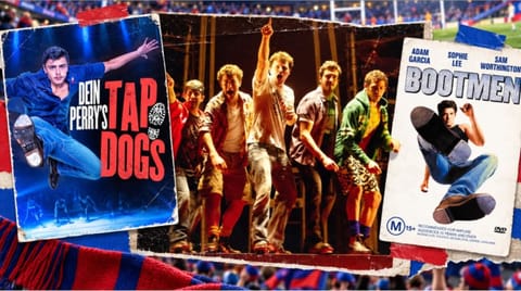 Tap Dogs and Bootmen posters either side of a line of tap dancers on stage.