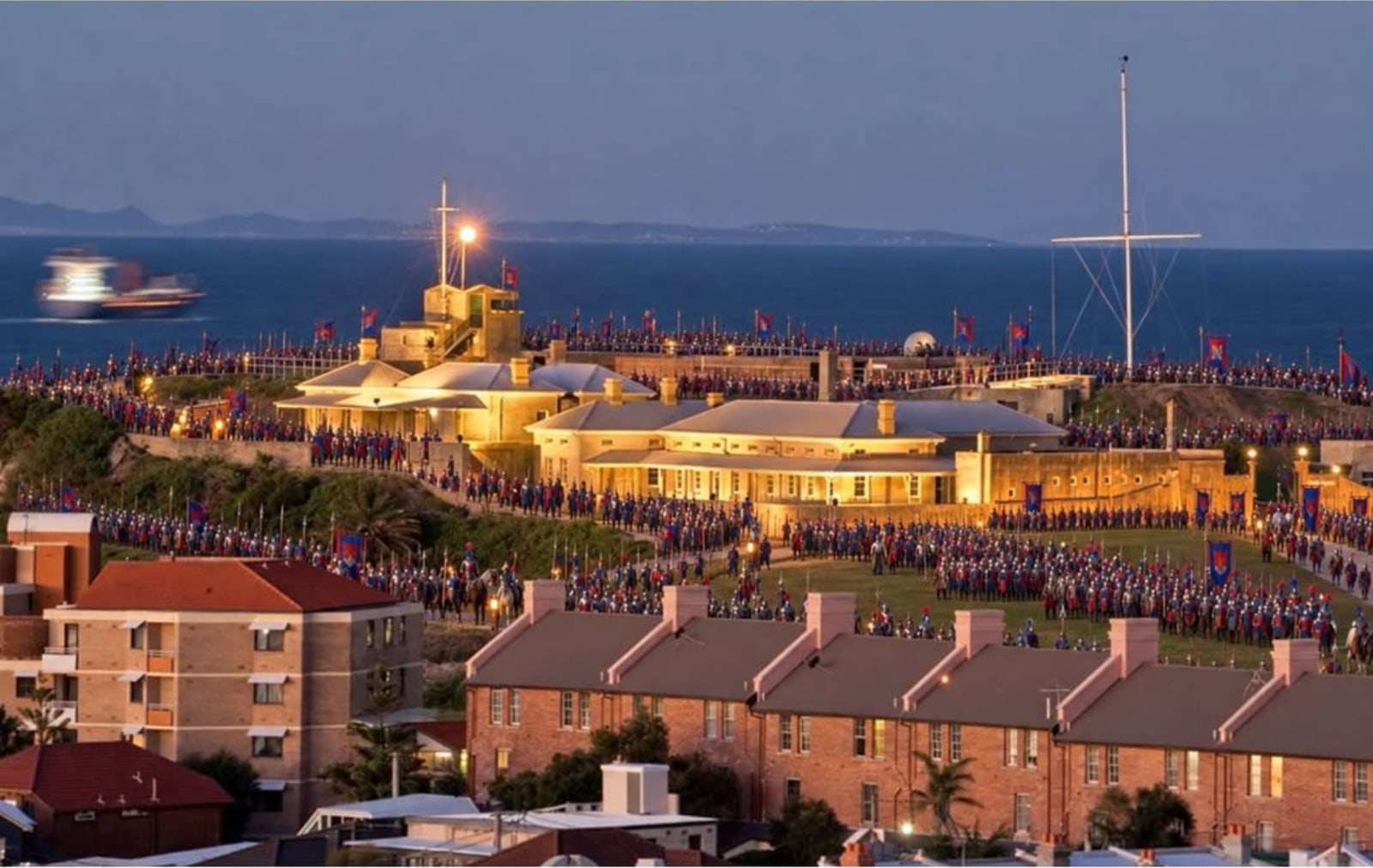 A lit-up historic building and a signal mast on a coastal headland at dusk, with a crowd gathered on the grass and the sea behind.