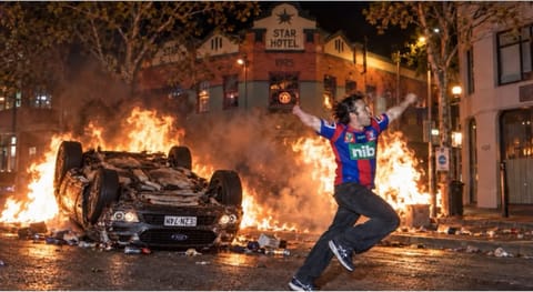 A man in a Knights jersey running with his arms out in front of an overturned car on fire outside the Star Hotel at night.