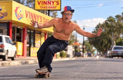 A shirtless man in a cap and glasses riding a skateboard along a street in front of a yellow takeaway shop with a Vinny's sign.
