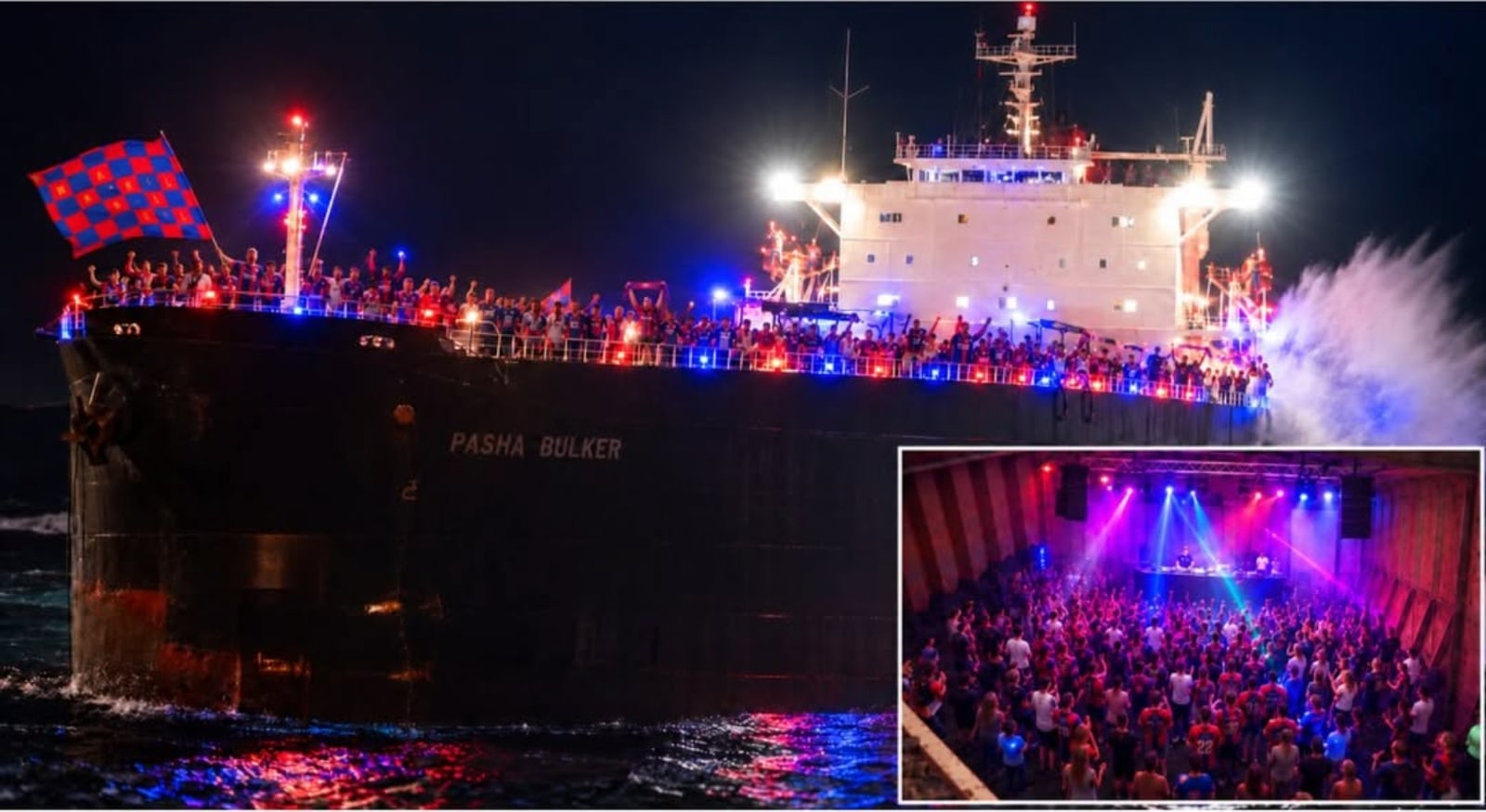 A bulk carrier lit up red and blue at night, with an inset of a packed dance floor.