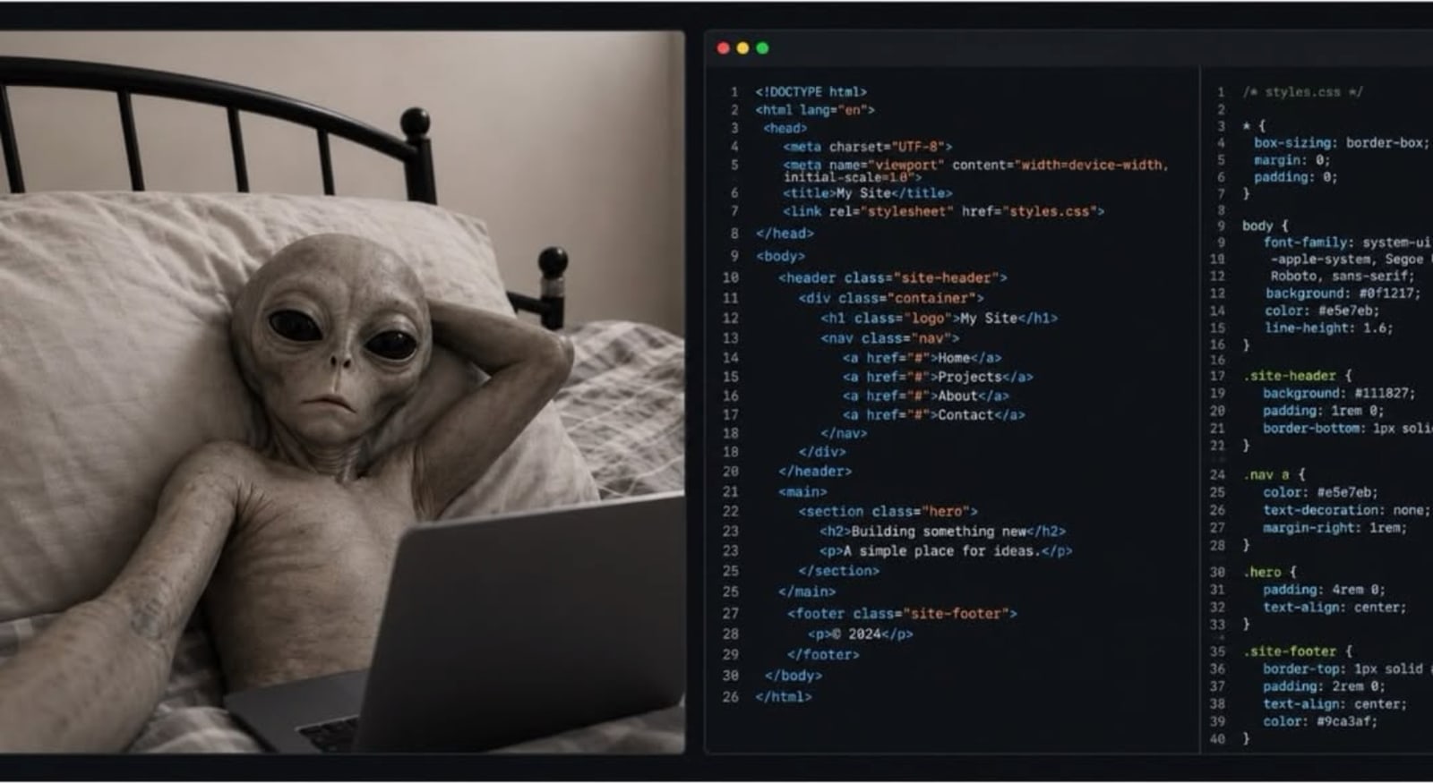 A grey alien lying on a bed with a laptop beside a screen of website code.