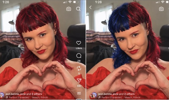 Side-by-side selfies of a DJ making a heart with her hands, first with red hair, then with red and blue hair.
