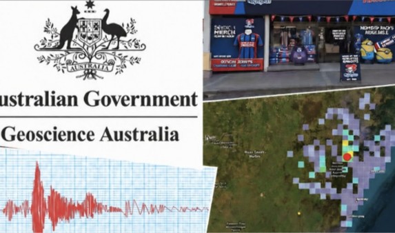 A seismograph reading and a rain radar map beside a photo of a Knights merchandise store.