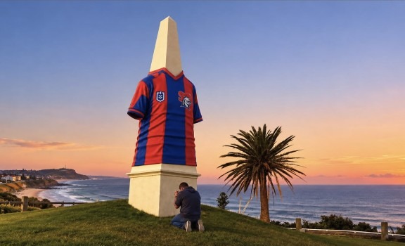 The Obelisk in Newcastle dressed in a Knights jersey at sunset, with a person kneeling at its base.