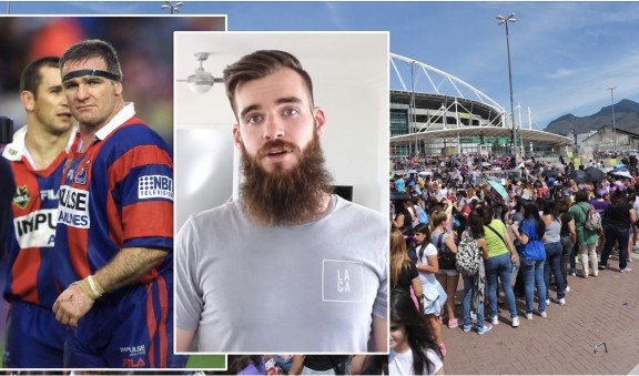 A bearded man in a grey t-shirt, set between a 1997 Knights player and a long queue outside a stadium.